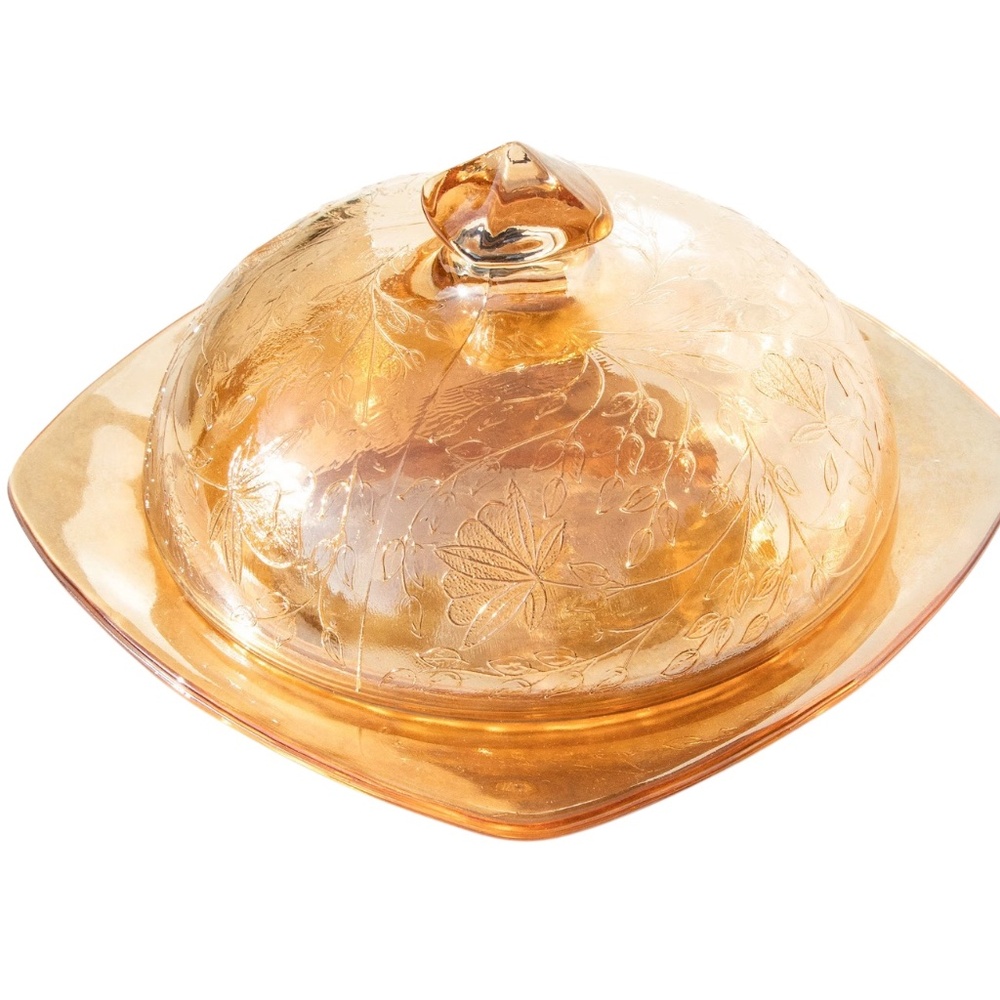 Jeanette Floragold Louisa Butter‎ Dish Depression Glass Iridescent Dish w/ Lid